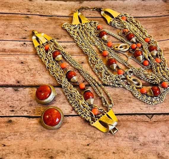 Arthur Pepper Signed Jewelry Set Jewelry Signed ART Gold Tone and Orange Red Necklace Bracelet and Earrings Statement Jewelry Set Runway Etsy