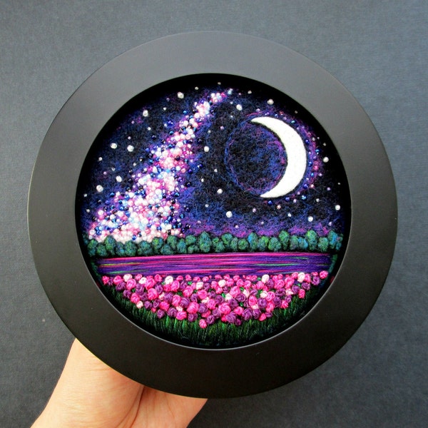 Night sky embroidered landscape Wall hanging celestial painting Needle felted Galaxy framed home wall decor