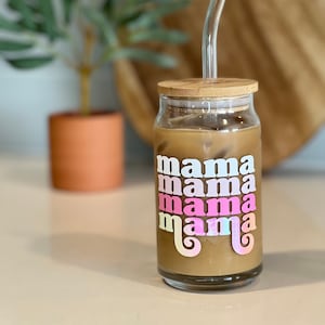 Mom Iced Coffee Glass Cup with Lid & Straw, Mother's Day Gift