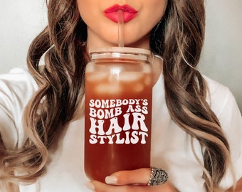 Hairdresser Iced Coffee Glass Can   Gift for Hairdresser Retro Cup  Glass Cup with Lid and Straw   Licensed Hairapist   Gift For Hairdresser