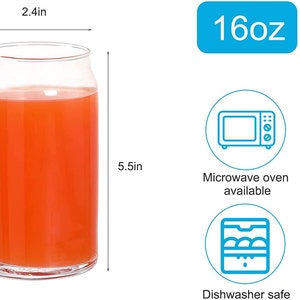 May include: A clear glass 16oz can-shaped drinking glass with a red liquid inside. The glass is 5.5 inches tall and 2.4 inches wide. The glass is microwave safe and dishwasher safe.