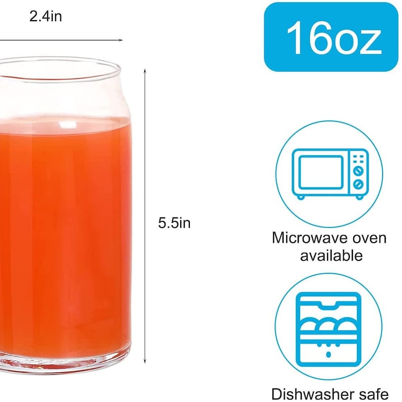 May include: A clear glass 16oz can-shaped drinking glass with a red liquid inside. The glass is 5.5 inches tall and 2.4 inches wide. The glass is microwave safe and dishwasher safe.