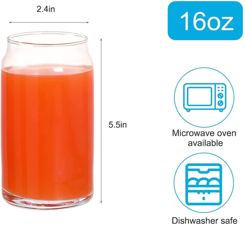 May include: A clear glass 16oz can-shaped drinking glass filled with orange juice. The glass is 5.5 inches tall and 2.4 inches wide. The glass is microwave oven and dishwasher safe.