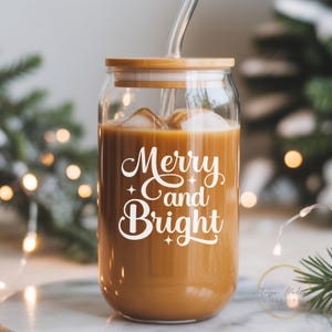 Merry and Bright Holiday Glass Cup with straw  Iced coffee cup with lid and straw Christmas Stocking Stuffer  Holiday teacher gift