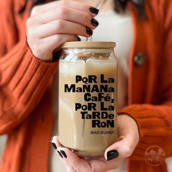 Por la Manana Cafe'  Debi Tirar Mas Fotos  Glass Cup with straw  Glass cup with lid and straw  Bad Bunny DTMF  DTMF Merch   Sapo Concho