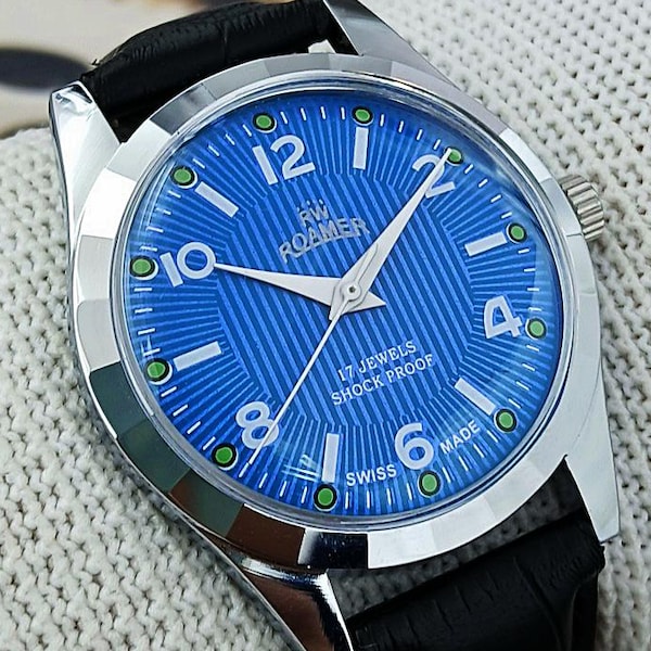 Vintage Roamer Swiss Made Hand-Winding Mechanical Men’s Watch | Blue Retro Field Numeral Dial 17 Jewels Refurbished Gift for Him 370-01