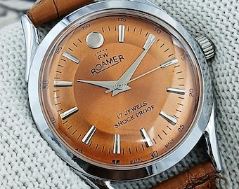 Vintage Roamer Swiss Made Hand-Winding Mechanical Mens Watch Orange Dial Curved Lugs 17 Jewels Stainless Steel Refurbished Gift for Him 2415