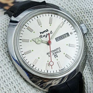 Vintage HMT Rajat Automatik mechanische indische Herren Armbanduhr Silber Zifferblatt Tag Datum Edelstahl Gehäuse Geschenk für Männer für ihn 140-08