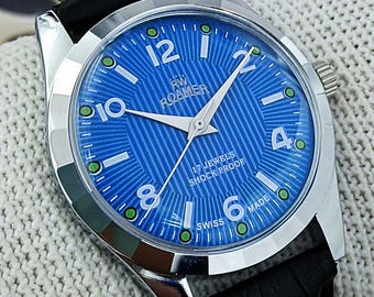Vintage Roamer Zwitsers handopwindbaar mechanisch herenhorloge | Blauwe retro-veldnummer wijzerplaat 17 juwelen gerenoveerd cadeau voor hem 370-18