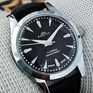 Vintage Fortis Swiss Made Hand-Winding Mechanical Men’s Watch | Black Retro Maze Texture Dial 17 Jewels Refurbished Gift for Him 380-01