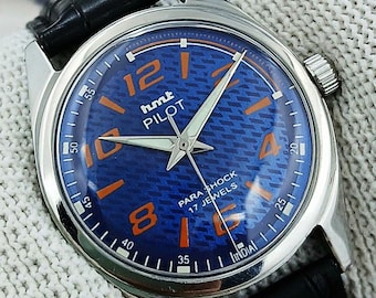 Vintage refurbished HMT Pilot Hand Winding Indian Mens Wrist watch blue dial stainless steel case gift for men for him - sk0225