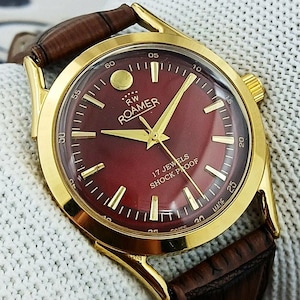 Orologio da uomo vintage Roamer Swiss Made con movimento meccanico a carica manuale, quadrante rosso, anse curve, 17 gioielli, placcato oro, ricondizionato, regalo per lui 230-10