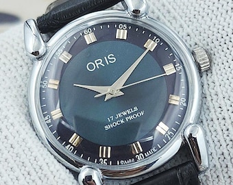 Vintage Swiss Made handopwindbaar mechanisch herenhorloge blauwe wijzerplaat Teardrop lugs 17 juwelen roestvrij staal gerenoveerd cadeau voor hem 510-17