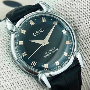 Vintage Oris Swiss Made Hand-Winding Mechanical Men’s Watch Black Dial Teardrop Lugs 17 Jewels Stainless Steel Refurbished Gift for Him 2219