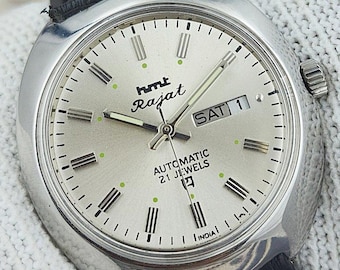 Vintage HMT Rajat Automatic mechanical Indian Mens Wrist watch silver dial day date stainless steel case gift for men for him 140-09