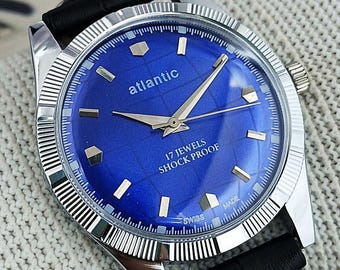 Vintage Atlantik Schweizer Handaufzug Mechanische Herrenuhr | Sunburst Blaues Zifferblatt Stahlgehäuse 17 Juwelen Refurbished Geschenk für Ihn 270-17