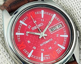 vintage refurbished Seiko 5 automatic 7009A japan mens wrist watch mechanical day date stainless steel gift for men for him -bx0116