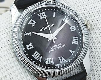 Vintage Atlantic Swiss Made Hand-Winding Mechanical Men’s Watch | Black Roman Dial Coin-Edge Bezel 17 Jewels Refurbished Gift for Him 320-15