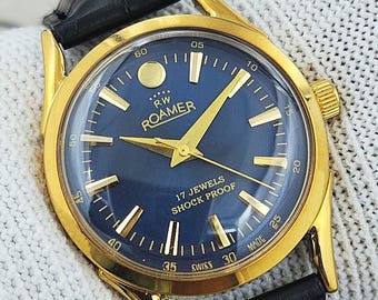 Vintage Roamer Swiss Made Hand-Winding Mechanical Men’s Watch Blue Dial Curved Lugs 17 Jewels Gold Plated Refurbished Gift for Him 230-06