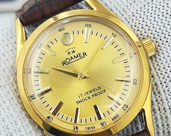 Vintage Roamer Swiss Made Hand-Winding Mechanical Men’s Watch Yellow Dial Curved Lugs 17 Jewels Gold Plated Refurbished Gift for Him 230-08