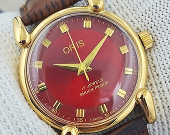 Vintage Swiss Made Handaufzug Mechanische Herrenuhr Rotes Zifferblatt Teardrop Lugs 17 Jewels Vergoldetes Refurbished Geschenk für Ihn 520-13