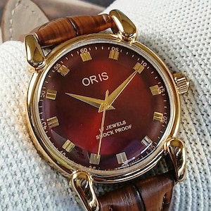 Vintage Oris Swiss Made Hand Winding mechanical Mens Wrist watch red dial tear drop lugs gold plated case gift for men for him -sk0125