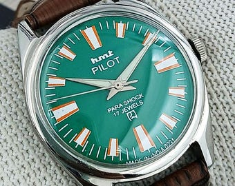 Vintage HMT Pilot Indian Hand-Winding Men’s Watch | 17 Jewels Green English Dial Classic Bold Index Design Refurbished Gift for Him 170-01