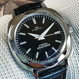 Vintage refurbished Fortis Swiss Made Hand Winding mechanical Mens Wrist watch black dial big 37mm case gift for men for him 260-17