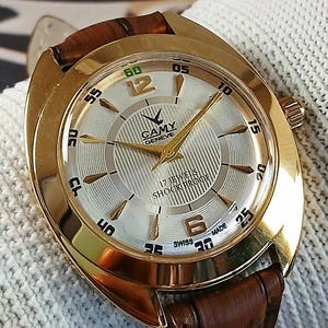 Vintage Camy Swiss Made Hand Winding mechanical Mens Wrist watch silver dial big 38mm cushion case gold plated gift for men for him - sk0188