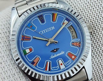 Vintage Citizen Eagle 7 Japan Automatic Men’s Watch | Blue World Flag Dial 21 Jewels Jubilee Bracelet Refurbished Gift for Him 300-11