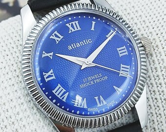 Vintage Atlantic Swiss Made Hand-Winding Mechanical Men’s Watch | Blue Roman Dial Coin-Edge Bezel 17 Jewels Refurbished Gift for Him 320-09