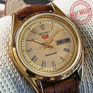 vintage refurbished Seiko 5 automatic japan mens wrist watch yellow roman dial exhibition back gold plated case gift for men for him 200-02