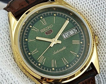 vintage refurbished Seiko 5 automatic japan mens wrist watch roman dial exhibition back gold plated case gift for men for him 100-12