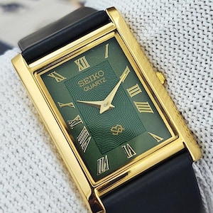 Reloj de pulsera vintage Seiko Slim Tank Quartz para hombre, fabricado en Japón, con esfera verde y números romanos. Regalo ideal para él o para ella. Modelo 1000-04.