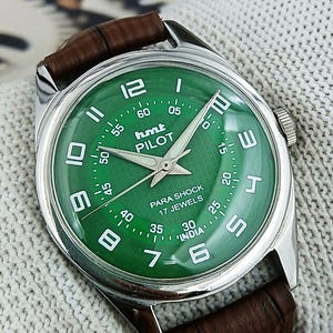 Vintage HMT Pilot indische Handaufzug Herrenuhr | 17 Juwelen Grünes Zifferblatt im Feldstil Design Fette Ziffern Refurbished Geschenk für Ihn 150-07