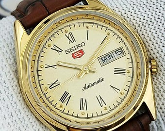 Vintage rénové Seiko 5 Japon mens montre-bracelet automatique cadran romain jaune exposition dos boîtier plaqué or cadeau pour homme pour lui 100-04