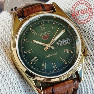 vintage refurbished Seiko 5 automatic japan mens wrist watch green roman dial exhibition back gold plated case gift for men for him 100-12