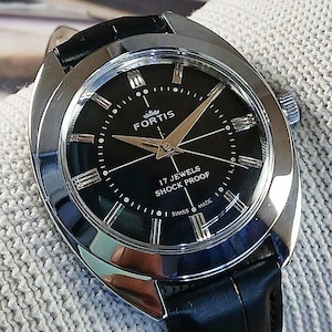 Vintage Fortis Swiss Made Hand Winding mechanical Mens Wrist watch black dial 38mm cushion case stainless steel gift for men for him -sk0224