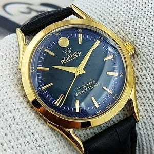 Vintage Roamer schweizisk tillverkad handuppdragen mekanisk herrklocka med blå urtavla, böjda kopplingar, 17 juveler, guldpläterad, renoverad present till honom 230-01