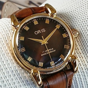 Vintage Oris Swiss Made Hand Winding mechanical Mens Wrist watch brown dial tear drop lugs gold plated case gift for men for him -sk0160