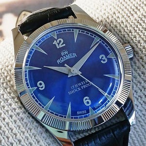 Vintage refurbished Roamer Swiss Made Hand Winding mechanical Mens Wrist watch blue dial stainless steel case gift for men for him -sk0153