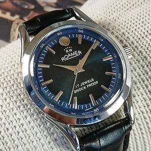 Orologio da polso da uomo vintage Roamer Swiss Made a carica manuale, quadrante blu, anse curve, cassa in acciaio inossidabile, regalo per uomo - sk0124