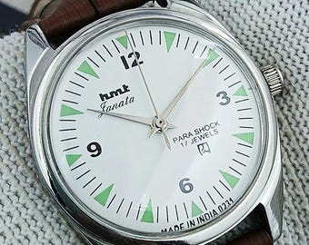 Vintage HMT Janata Indian Hand-Winding Men’s Watch | 17 Jewels White Dial Signature Triangle Marker Design Refurbished Gift for Him 190-07