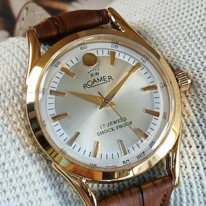 Vintage Roamer Swiss Made Hand Winding Mens Wrist watch silver dial curved ended lugs gold plated case gift for men for him -sk0226