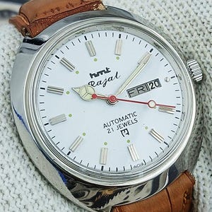 Vintage HMT Rajat automatisk mekanisk indisk herrarmbandsur vit urtavla dag- och datum rostfritt stålboett present till män för honom 140-03
