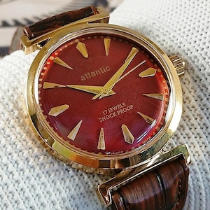 Vintage Atlantic Swiss Made Hand Winding mechanical Mens Wrist watch red dial hooded lugs gold plated case gift for men for him -sk0248