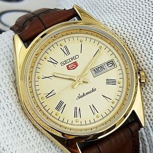 Reloj de pulsera automático Seiko 5 vintage renovado para hombre, estilo japonés, con esfera romana amarilla y fondo de exposición, caja chapada en oro, regalo para hombre, para él, 100-07