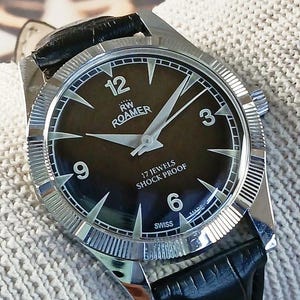 Vintage refurbished Roamer Swiss Made Hand Winding mechanical Mens Wrist watch black dial stainless steel case gift for men for him -sk0152