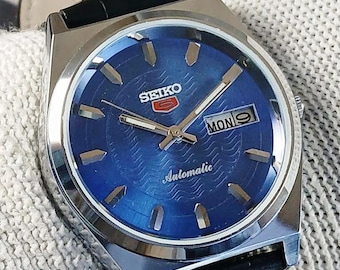 vintage refurbished Seiko 5 automatic 6309A japan mens wrist watch blue dial day date stainless steel gift for men for him -sk0354