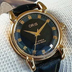 Vintage Oris Swiss Made Hand Winding mechanical Mens Wrist watch black dial tear drop lugs gold plated case gift for men for him -sk0127
